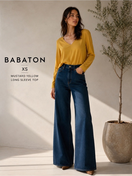Babaton Tops - Babaton Mustard Yellow Long Sleeve V Neck Top XS Chic Minimalist Blouse